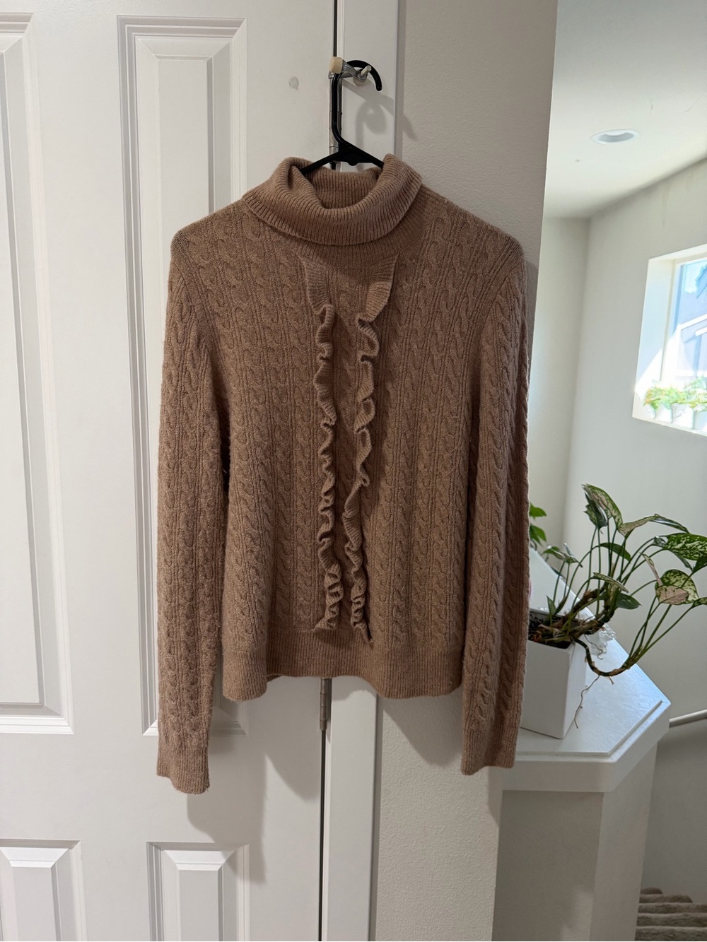 J. Crew Taupe Cable Knit Turtleneck Sweater with Front Ruffle